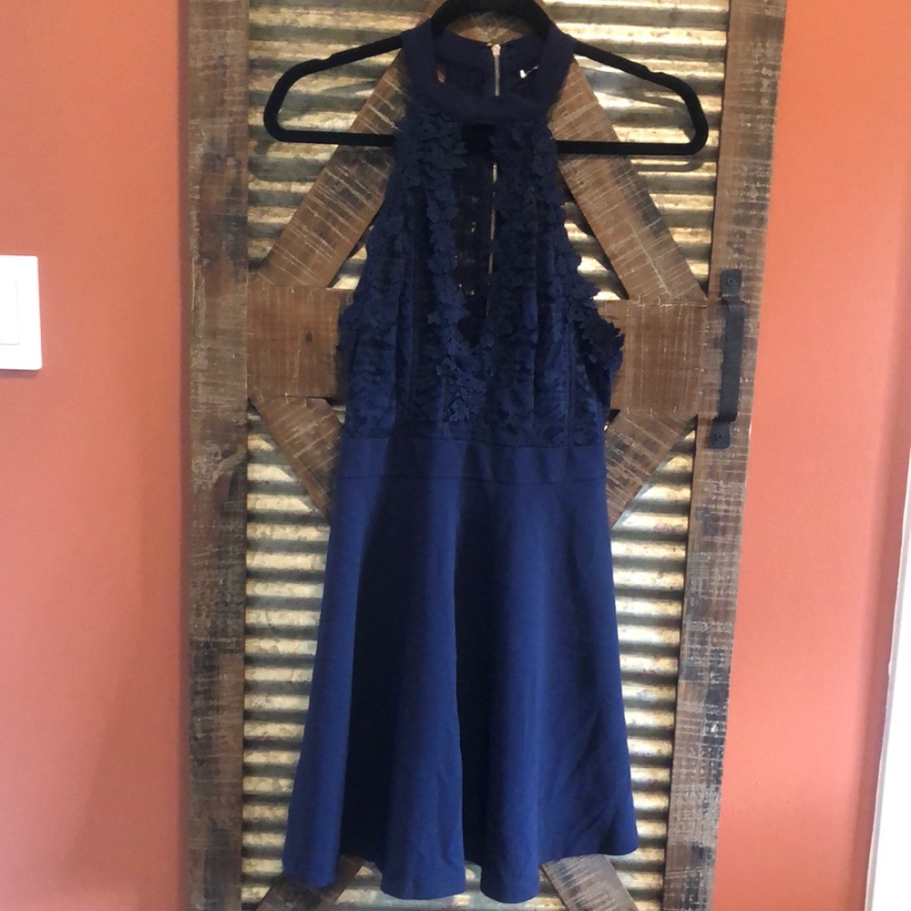Navy Blue Deep V Zip Up Dress